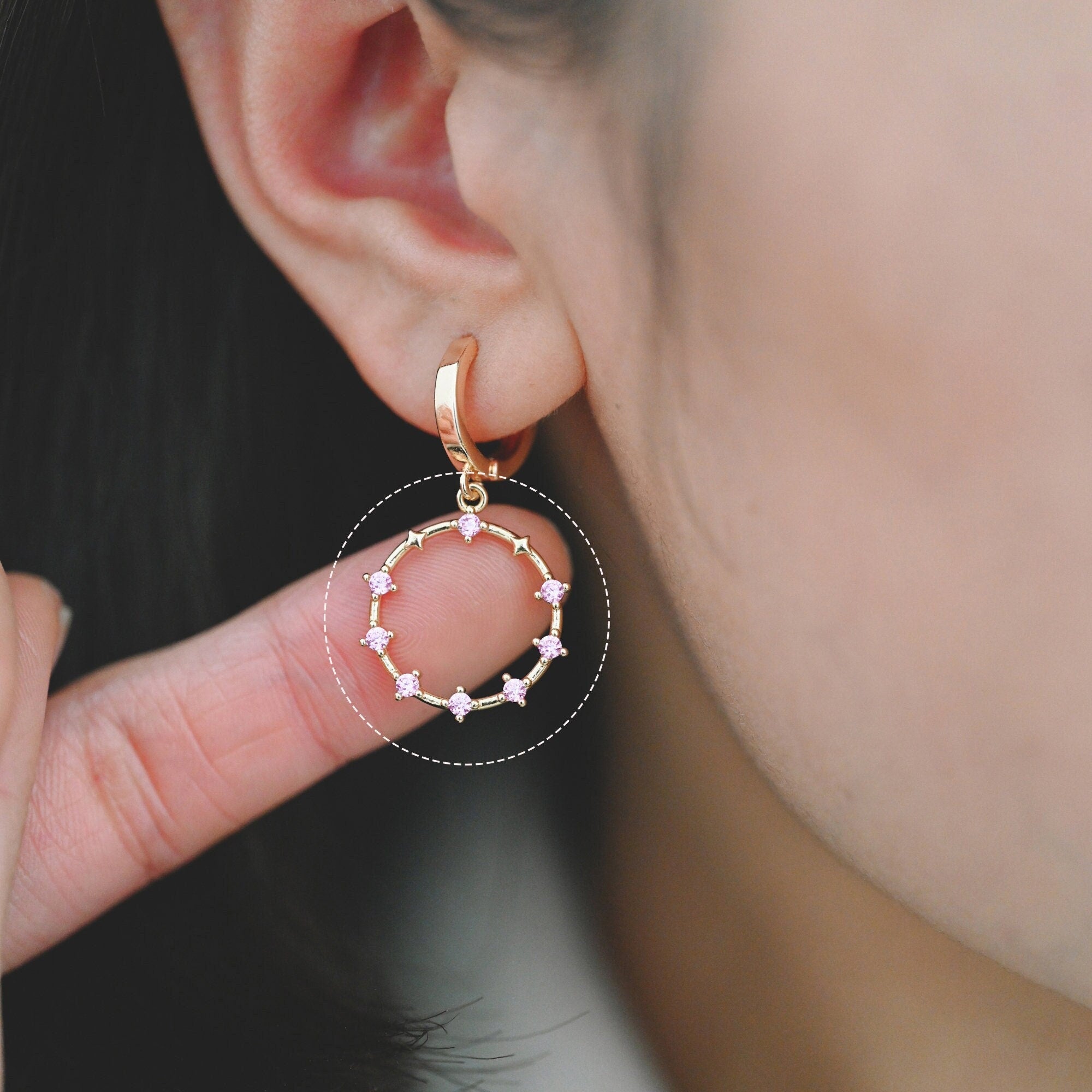 10pcs Pink CZ pave Gold Ring Pendants 21x18mm, 18K Gold plated Brass, Rhinestone Round Loop Circle Charms (GB-869-2)